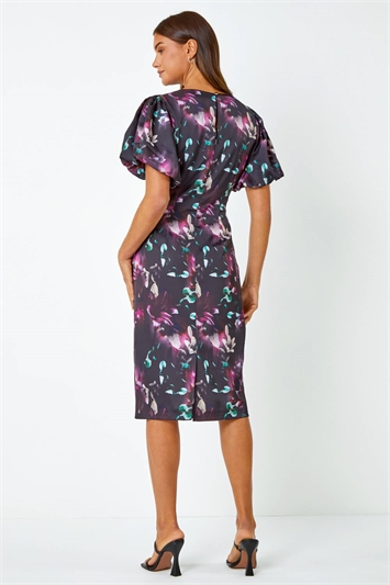 Floral Puff Sleeve Ruched Stretch Dress 14456808