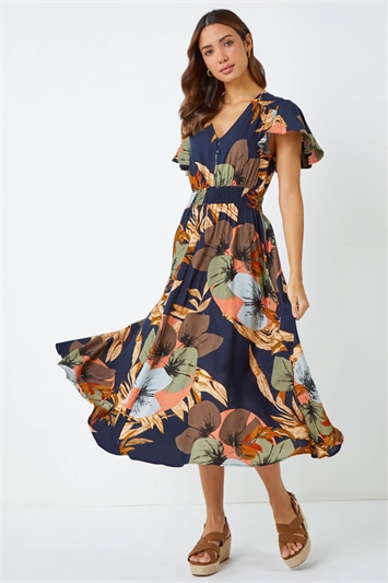 Angel Sleeve Floral Print Midi Dress 14354260