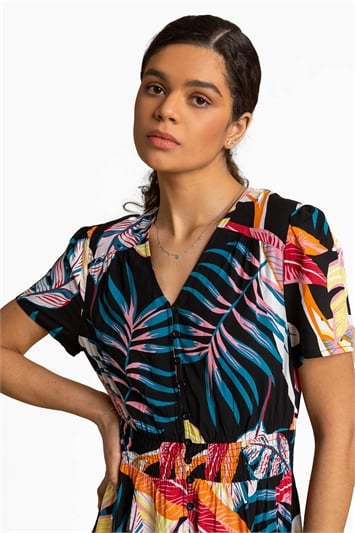 Tropical Palm Shirred Waist Maxi Dress 14250308