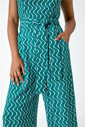 Belted Wave Print Cropped Jumpsuit 14492331
