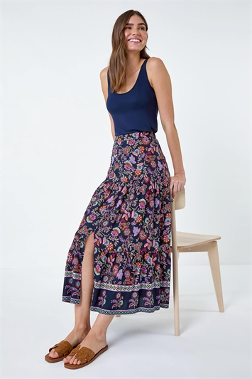 Paisley Floral Button Tiered Midi Skirt 17042676