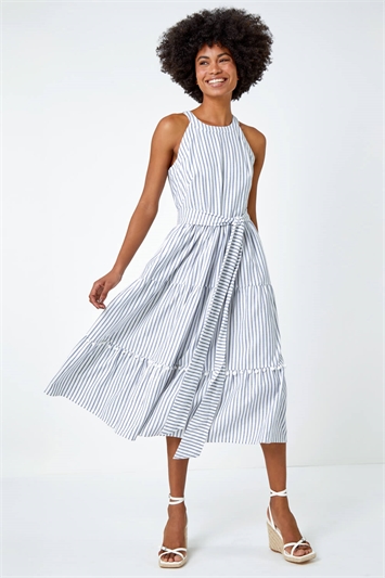 Tiered Cotton Halter Neck Stripe Dress 14382609