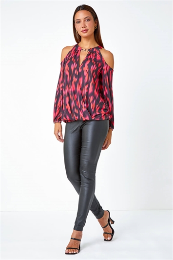 Abstract Print Cold Shoulder Stretch Top 19278032