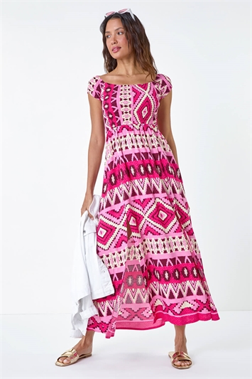 Aztec Shirred Bardot Maxi Dress 14505632