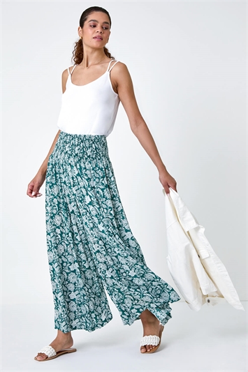 Floral Leaf Shirred Palazzo Stretch Trouser 18070434