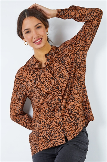 Leopard Print Pocket Detail Long Sleeve Blouse 10018716