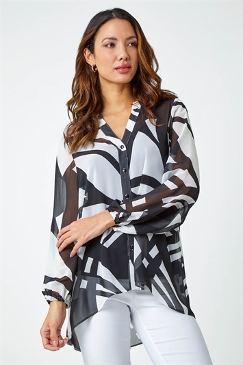 Abstract Print Longline Button Blouse 10114138