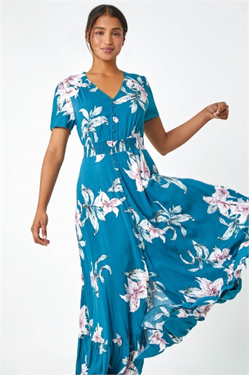 Floral Print Shirred Waist Maxi Dress 14356091