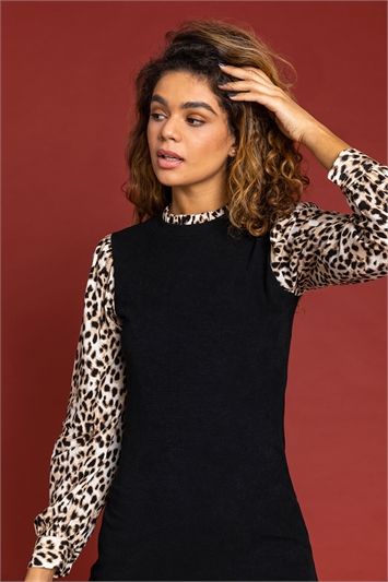 Contrast Leopard Print Sleeve Jumper Dress 14206508