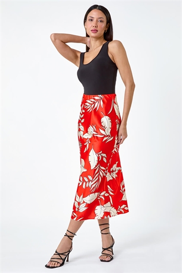 Floral Satin Elastic Waist A Line Midi Skirt 17045964