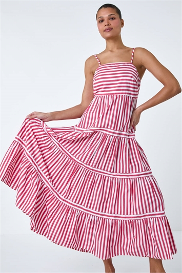 Sleeveless Stripe Tiered Cotton Maxi Dress 14382878