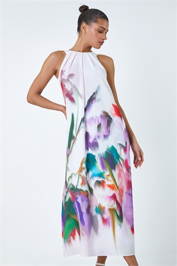 Abstract Floral Pleat Detail Trapeze Dress 14516938