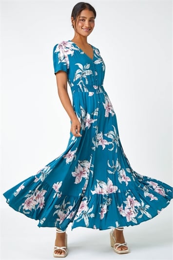 Floral Print Shirred Waist Maxi Dress 14356091