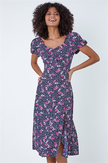 Floral Polka Dot Puff Sleeve Midi Dress 14367908
