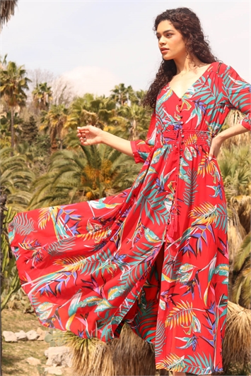 Tropical Print Belted Maxi Dress 14097578