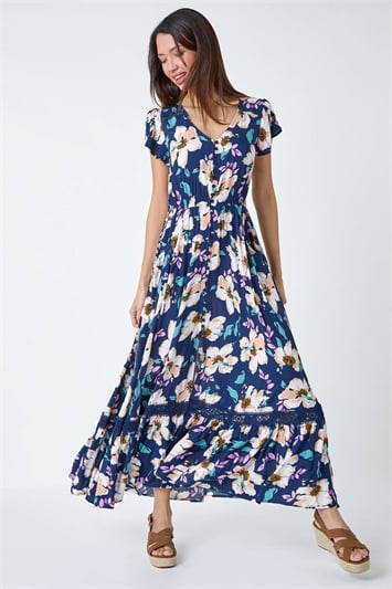Floral Print Shirred Waist Maxi Dress 14492060