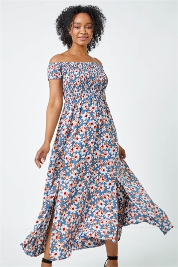 Petite Floral Shirred Bardot Maxi Dress 14370909