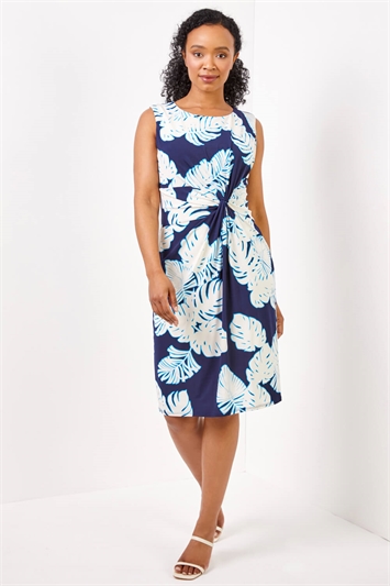 Petite Tropical Print Twist Waist Tunic Dress 14276460