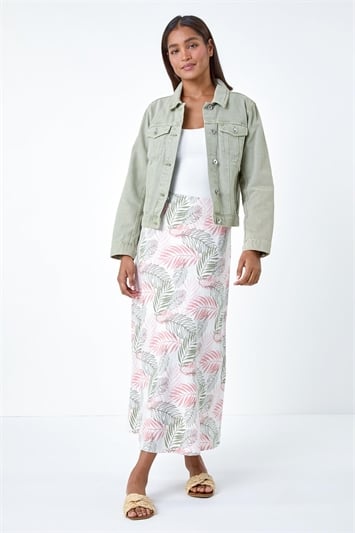 Leaf Print Linen Blend A-Line Skirt 17044346