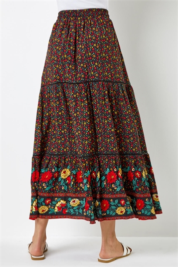 Floral Print Elastic Waist Tiered Maxi Skirt 17027108