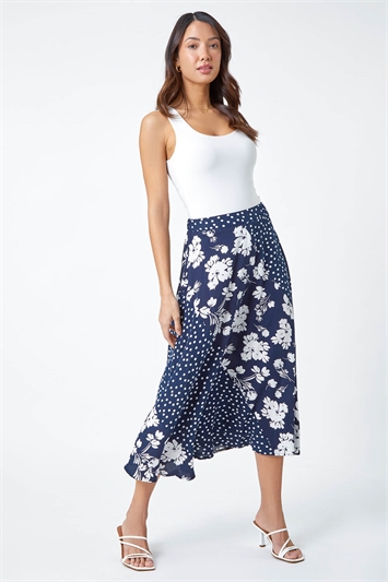 Mixed Floral Spot Print A Line Midi Skirt 17042709