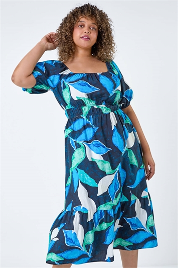 Curve Leaf Print Shirred Midi Dress 14527360
