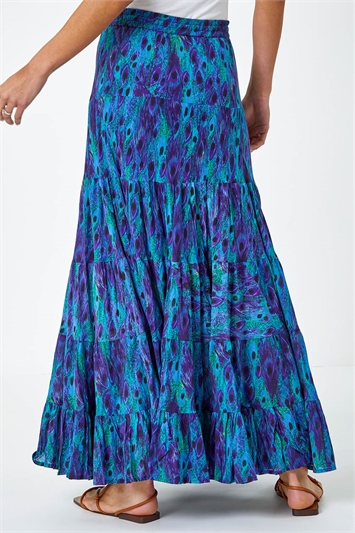 Feather Print Tiered Cotton Maxi Skirt 17032409