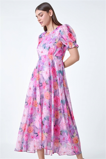 Floral Print Puff Sleeve Chiffon Midi Dress 14527476
