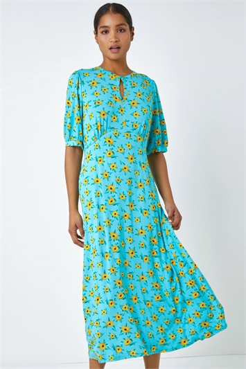 Sunflower Print Keyhole Stretch Midi Dress 14359509