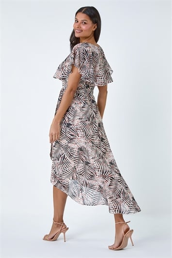 Leaf Print Chiffon Midi Wrap Dress 14515708