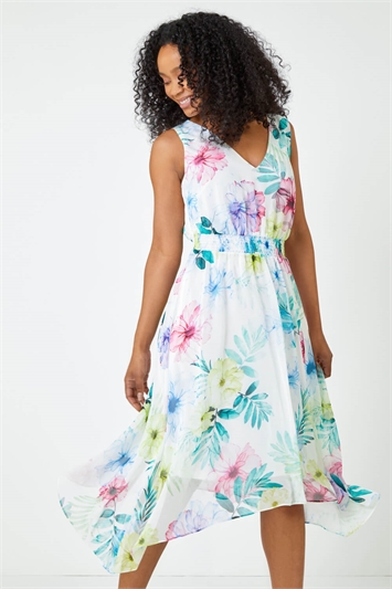 Petite Floral Print Shirred Asymmetric Dress 14409794