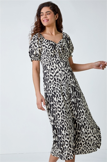 Leopard Print Ruched Pocket Midi Dress 14492908
