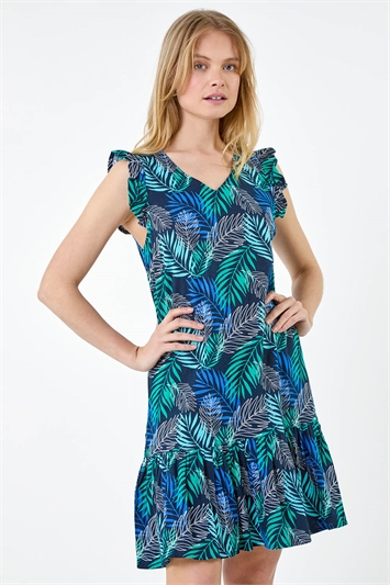 Leaf Print Linen Blend Frill Detail Dress 14511509