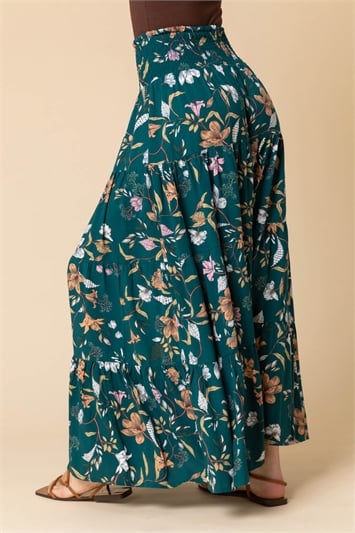 Floral Shirred Elastic Waist Maxi Skirt 17024791