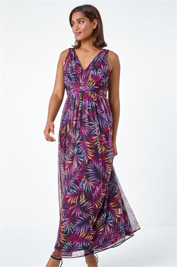 Palm Print Mesh Overlay Maxi Dress 14518476