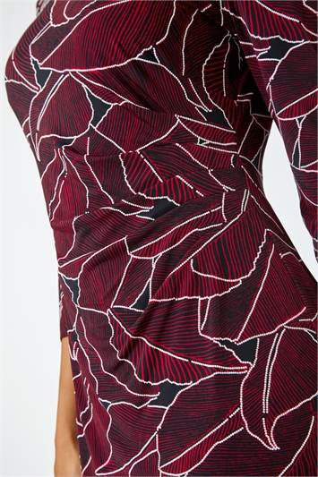 Leaf Print Side Pleat Stretch Ruched Dress 14430078