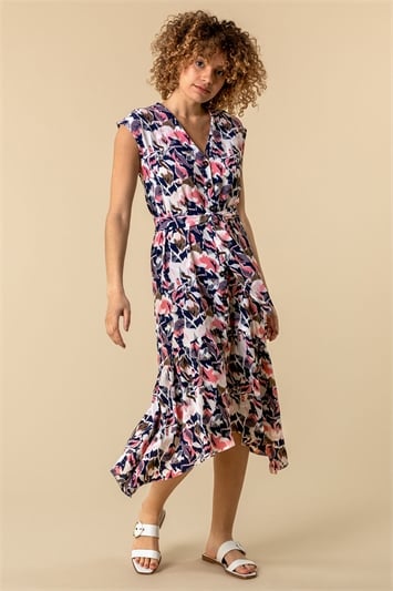 Abstract Floral Print Button Down Dress 14143772