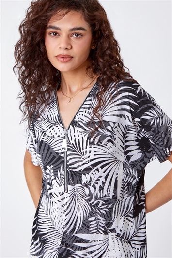 Palm Print Zip Front Stretch Top 19207908