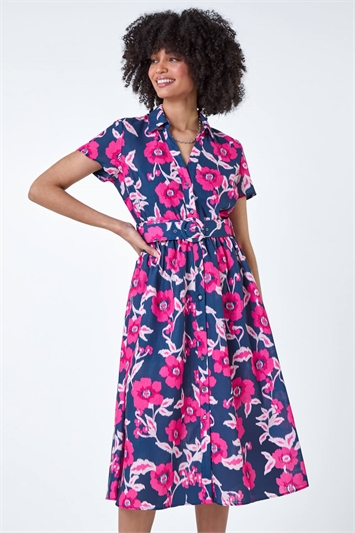 Floral Linen Look Belted Shirt Dress 14545572