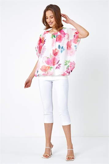 Floral Overlay Blouson Stretch Top 19223338