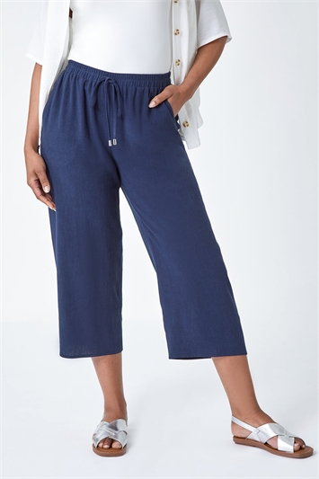 Petite Linen Mix Wide Cropped Trousers 18054461