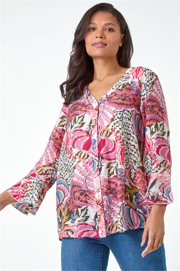 Abstract Floral Print Frill Sleeve Top 10128346