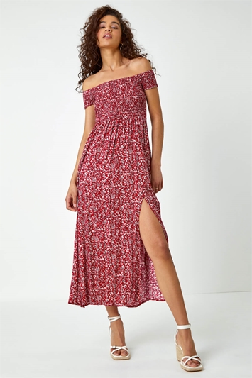 Floral Shirred Bardot Maxi Dress 14059478