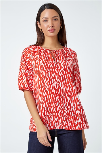 Abstract Print Tie Front Stretch Top 20152778
