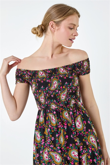 Paisley Shirred Bardot Maxi Dress 14505708