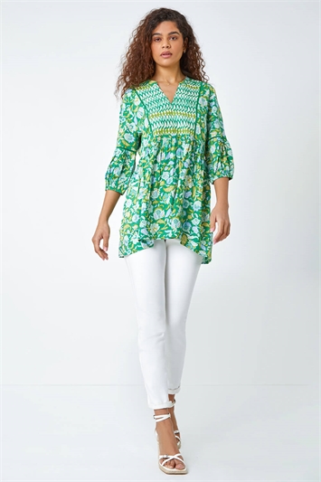 Cotton Abstract Floral Ladder Trim Top 20146534