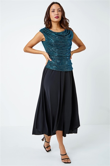 Sequin Cowl Neck Contrast Midi Dress 14330792