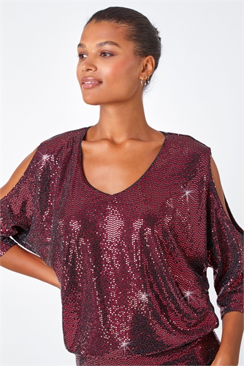 Cold Shoulder Sequin Stretch Top lc190005