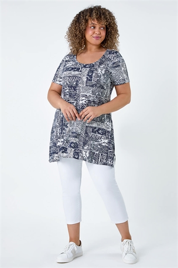 Curve Abstract Print Back Bar Stretch Top 19305860
