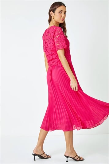 Lace Top Overlay Pleated Midi Dress 14040517